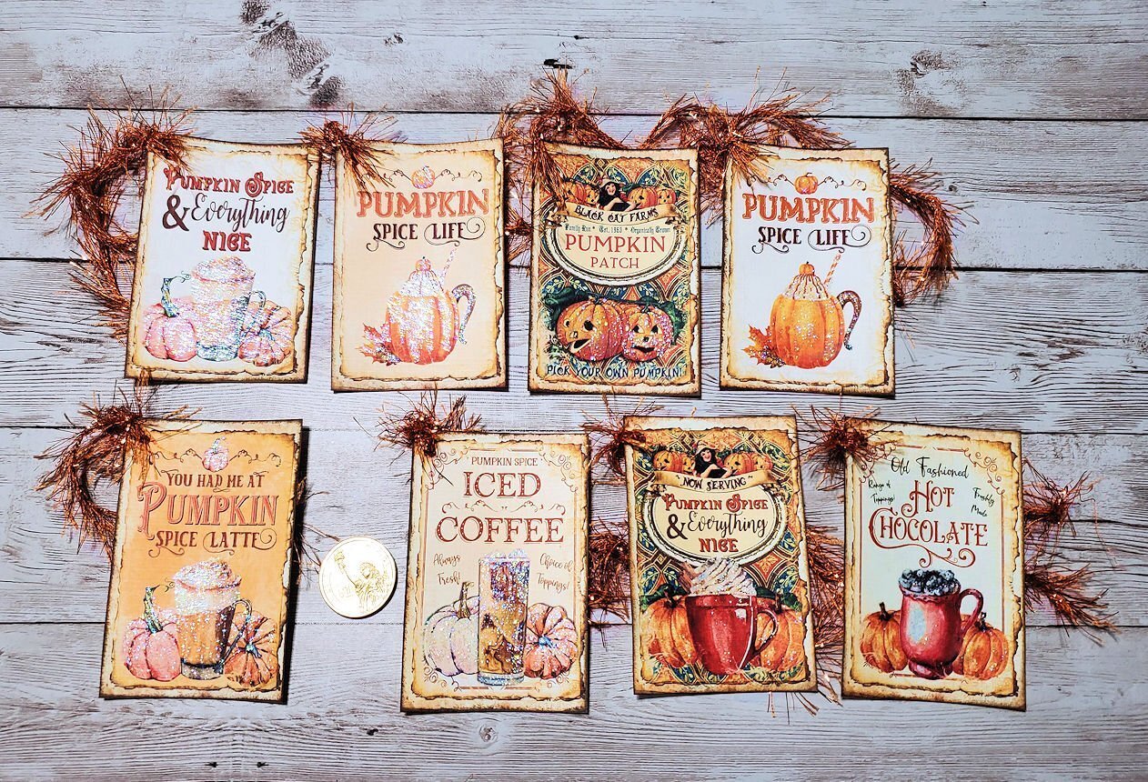 8-Fall-Autumn-Farmhouse-Glitter-Junk Journal-Food-Linen Cardstock-Gift-Hang-Tags
