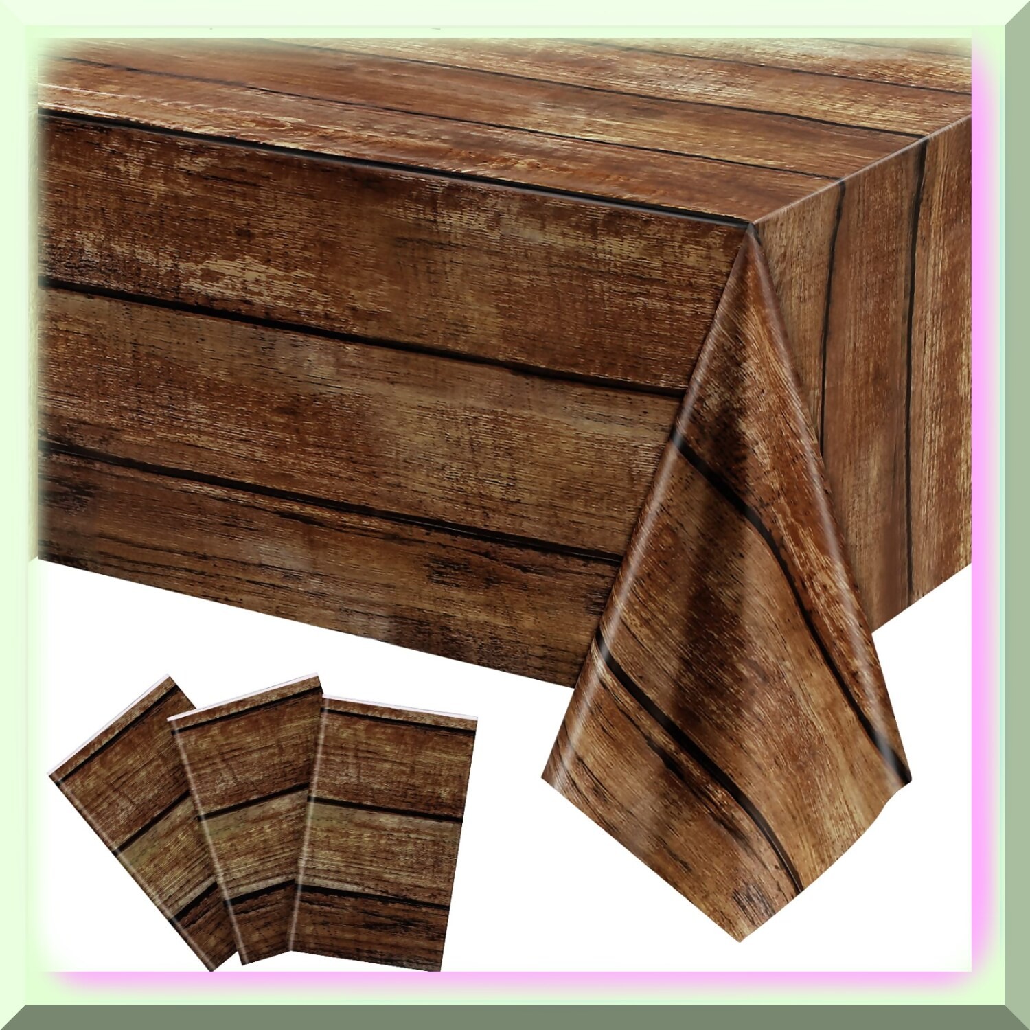 Rustic Wood Grain Waterproof Plastic Tablecloth Set