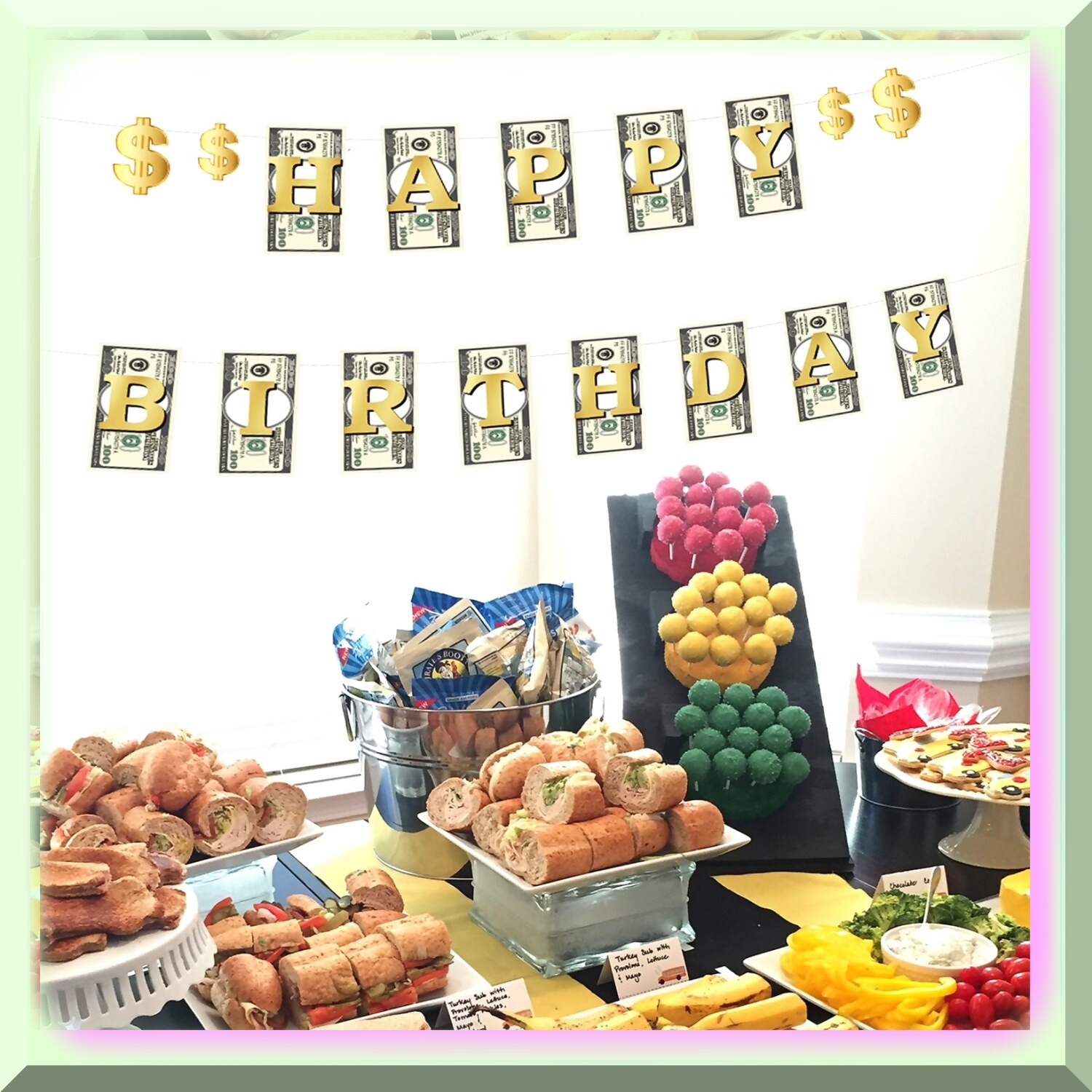 Money Celebration Set with Dollar Sign Banner and Swirls