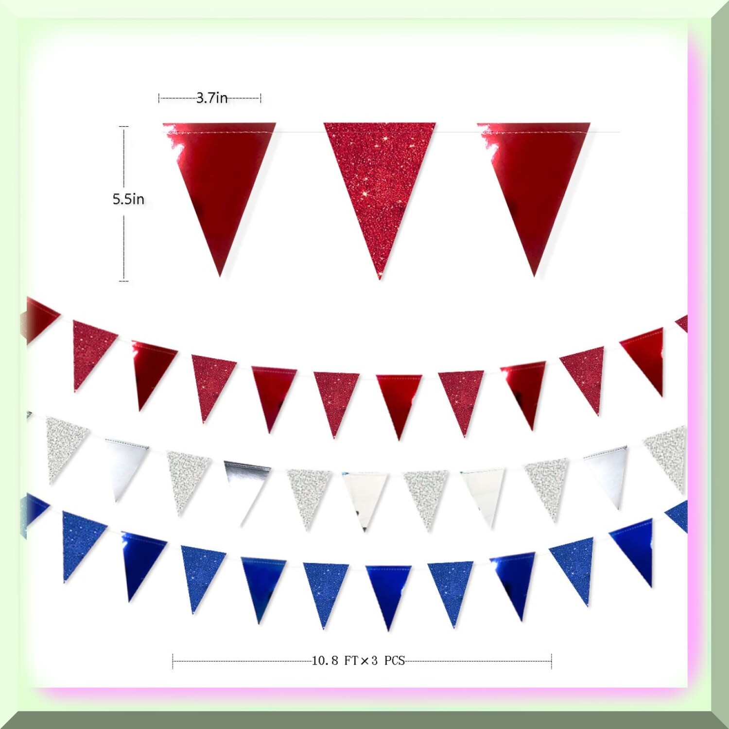 30ft Tri-Color Patriotic Pennant Banner with Glitter Flags