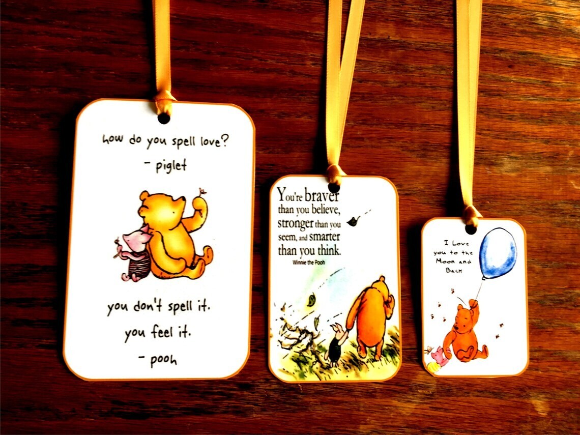 12 CLASSIC WINNIE THE POOH TAGS SMALL MEDIUM LARGS WITH OR WITHOUT SILK RIBBONS