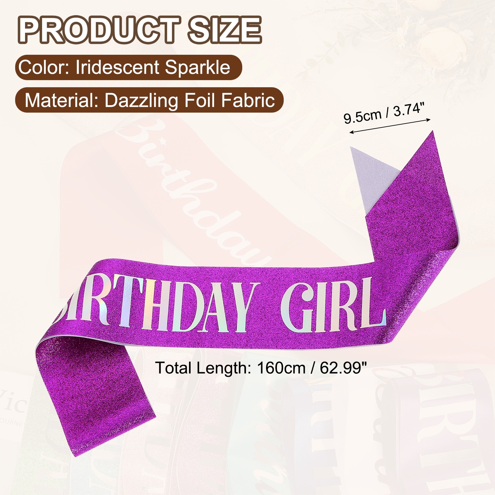 Birthday Girls Sash with Pin Iridescent Sparkle Lettering for Party, Purple