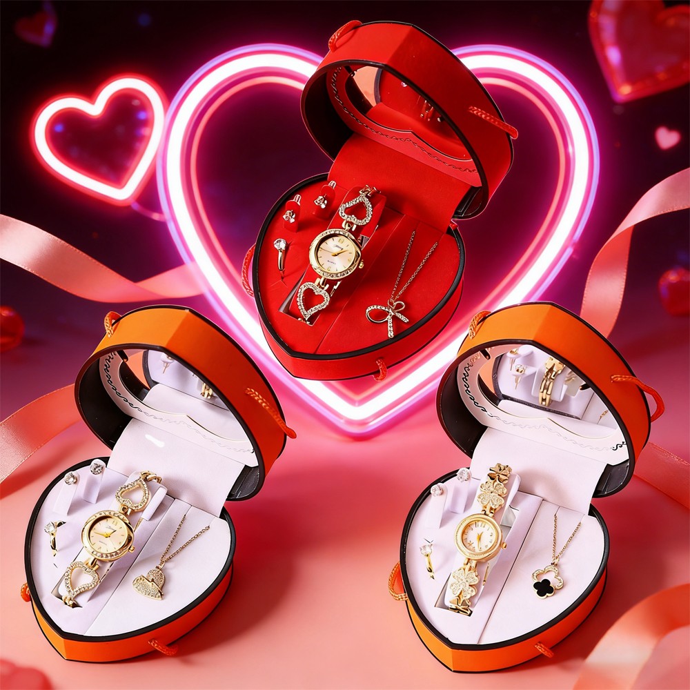 Women’s Watch & Jewelry Set Elegant Necklace Earrings Ring For Valentine’s Day