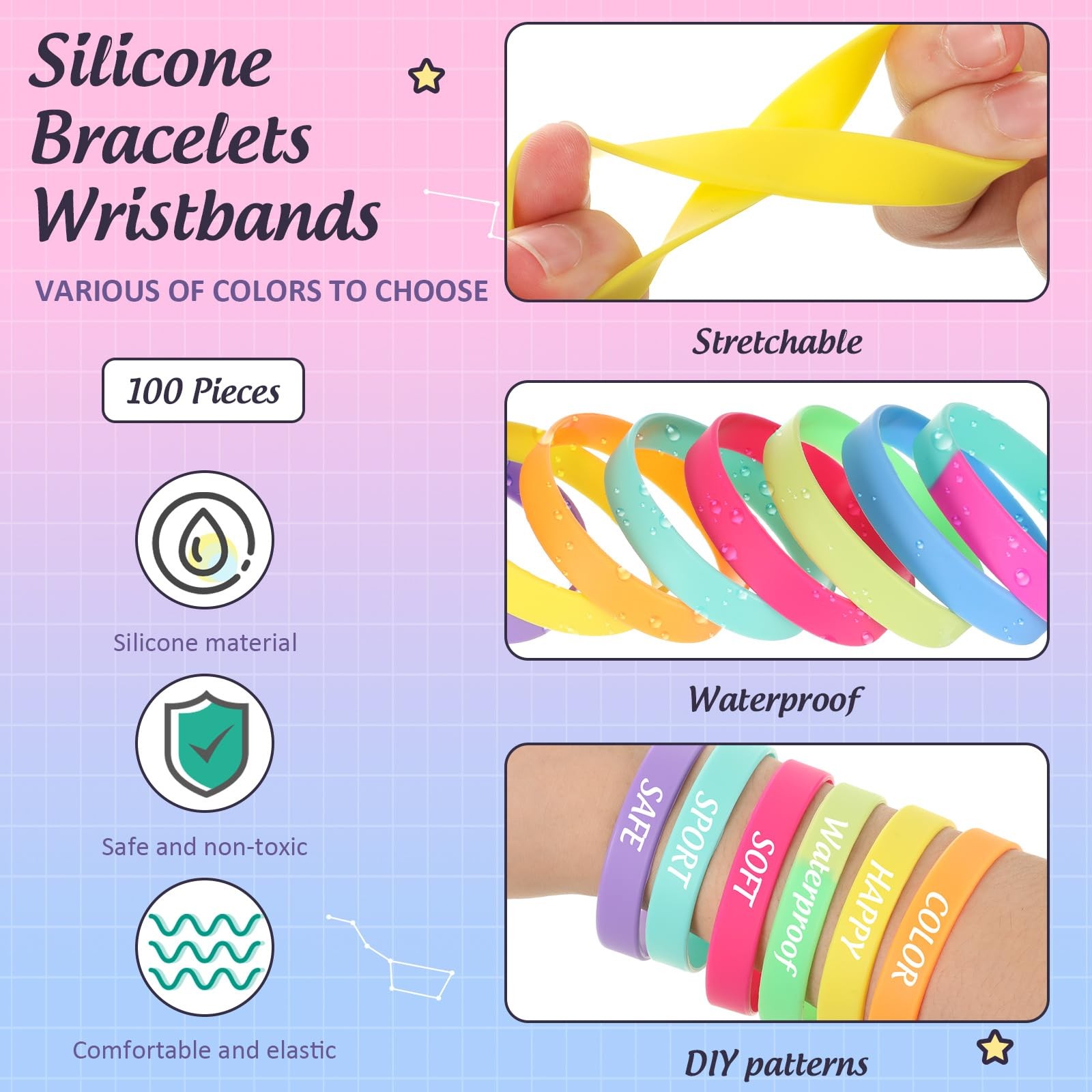 100 Pcs Solid Color Rubber Wristbands Rubber Bracelets Silicone Wristbands Sp…