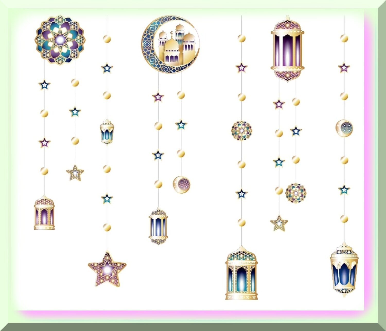 Ramadan Lantern and Garland Set with Moons Stars Flowers