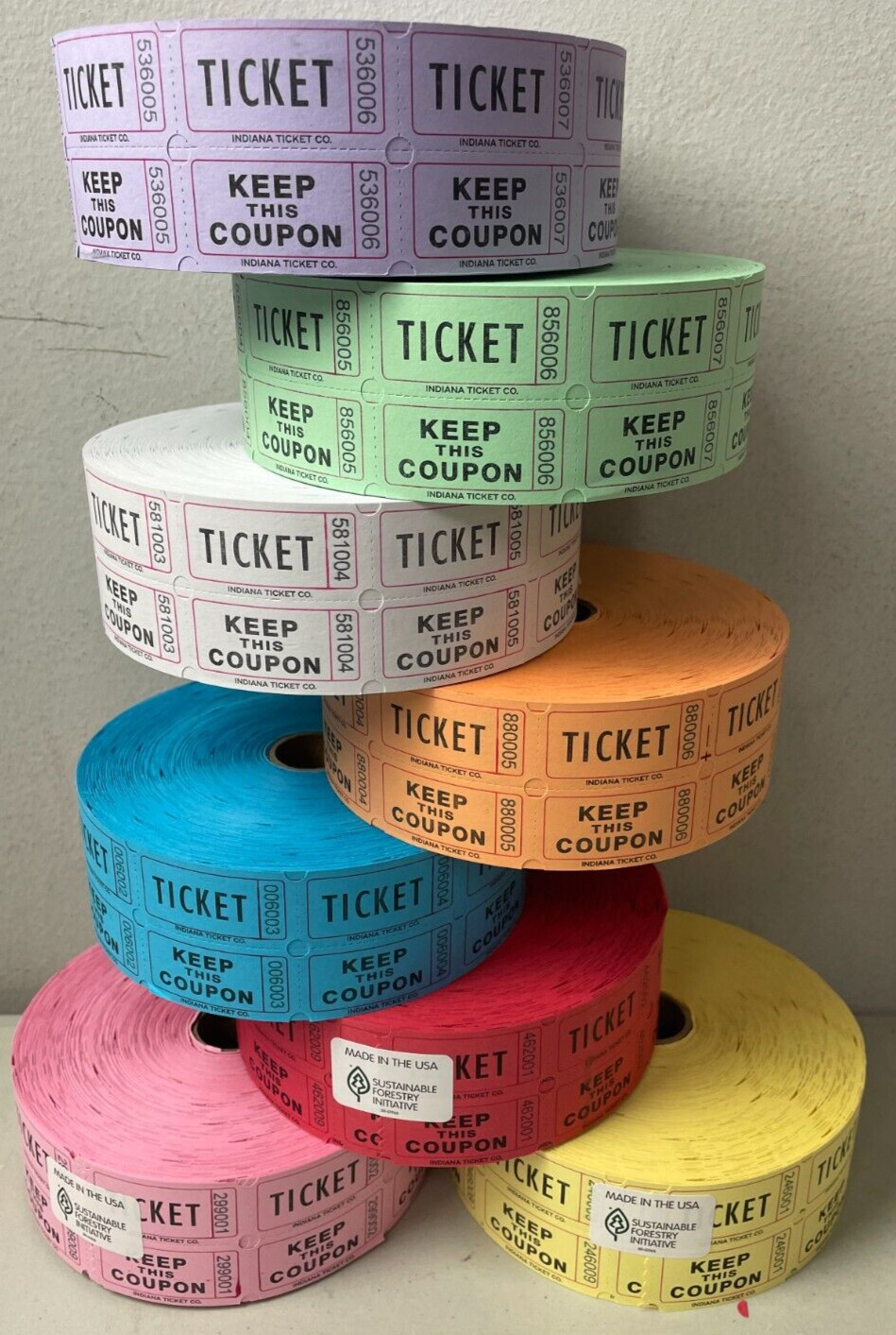 8 Rolls Raffle Tickets Double Stub 2000 Each 50/50 Split the Pot 1 Roll Ea Color