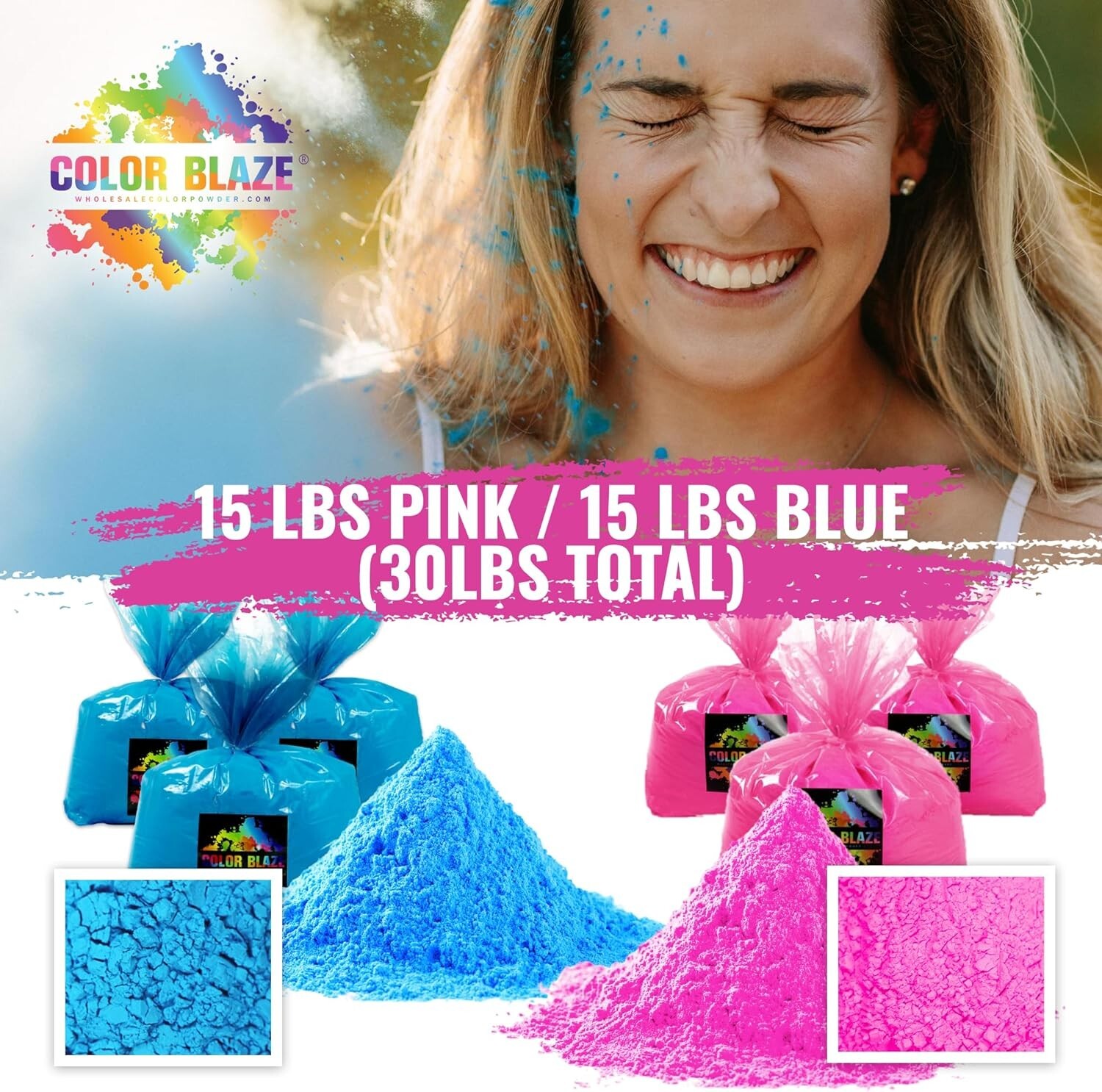 Color Blaze – 15lbs Pink & 15lbs Blue Color Powder Gender Reveal Baby Girl Holi