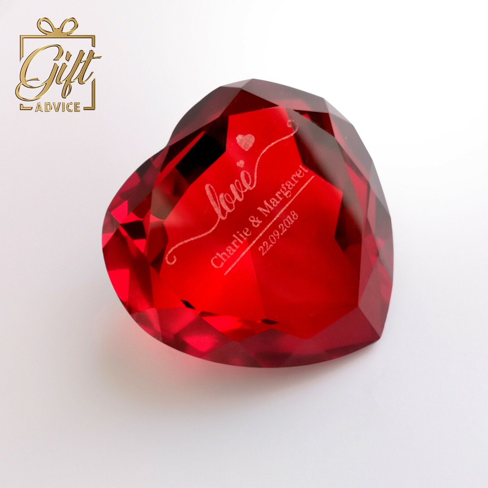 Personalized Customized Engraved Paperweight Heart Shape Red Ruby Crystal
