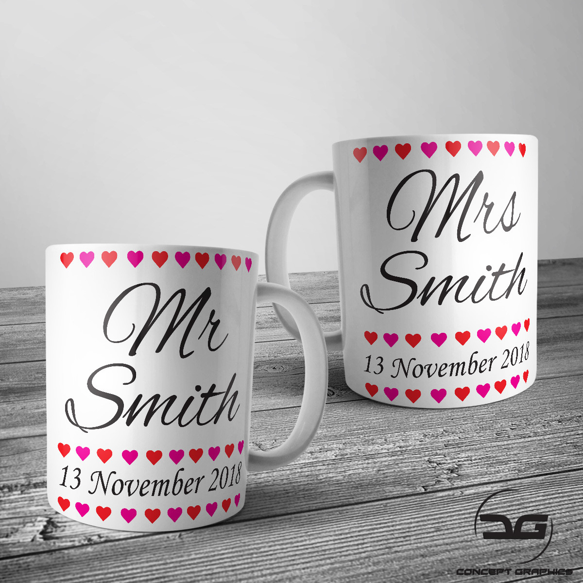 Set of 2 Personalised Custom Mr & Mrs Coffee Cup Mug Wedding Engagement Gift
