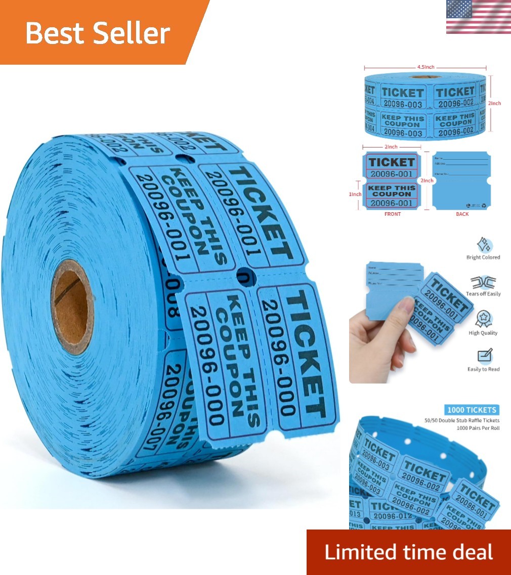 Bright Blue 1000-Pair Double Stub Tickets – Ideal for Raffles, Fairs & Drawings