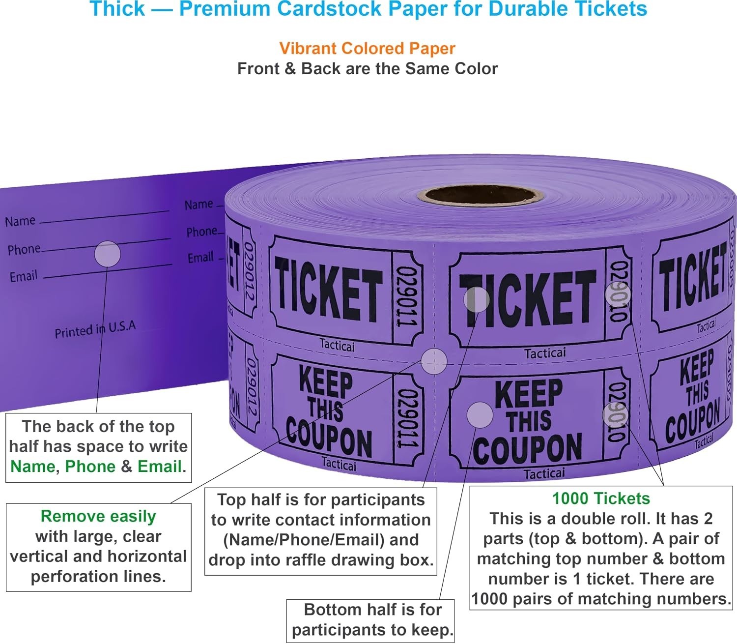 1000 Raffle Tickets, Purple 1 of 8 Colors, Double Roll, Ticket for Events, En…