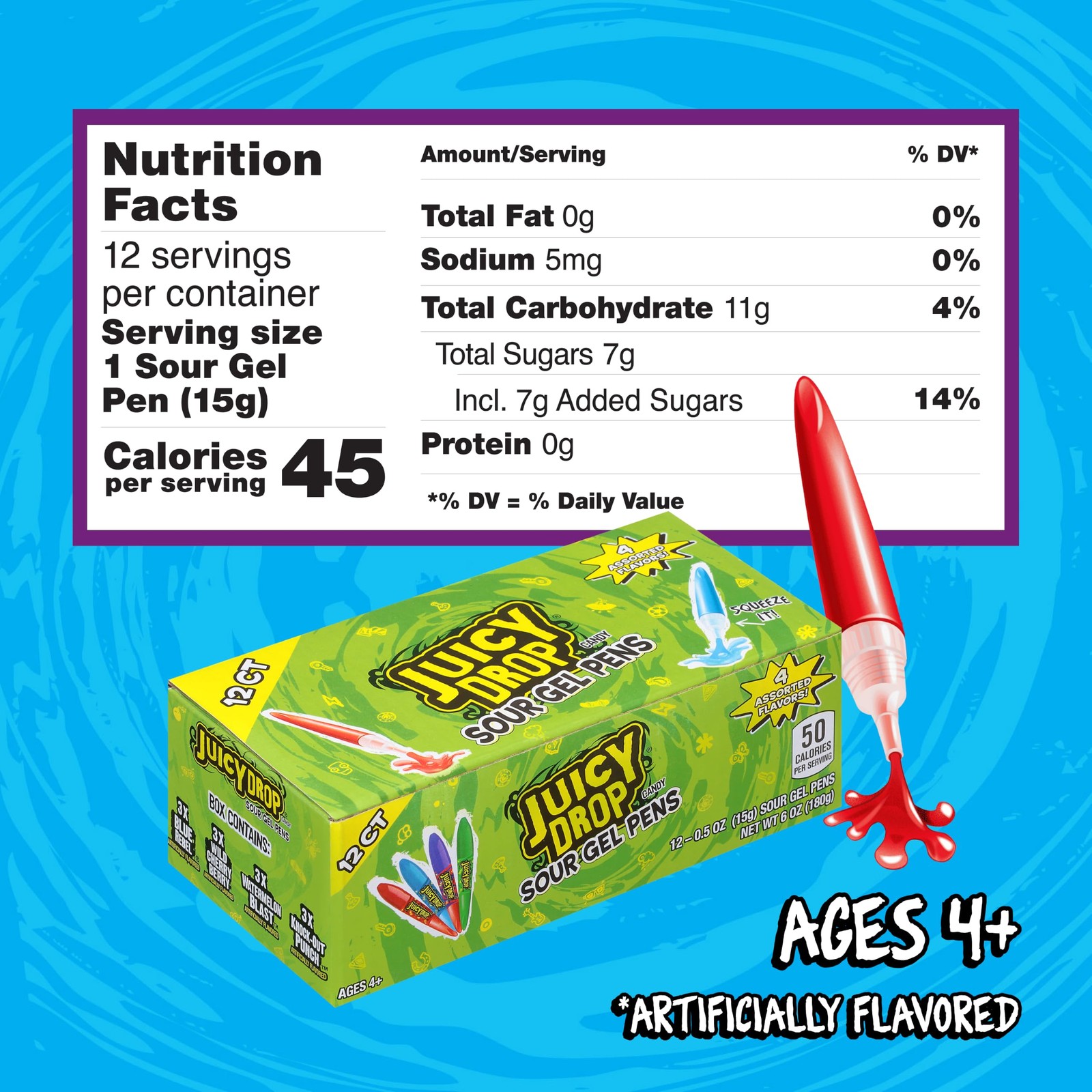 Juicy Drop Sour Candy Gel Pen, 12 Ct Pens 12 Count Box, Blue