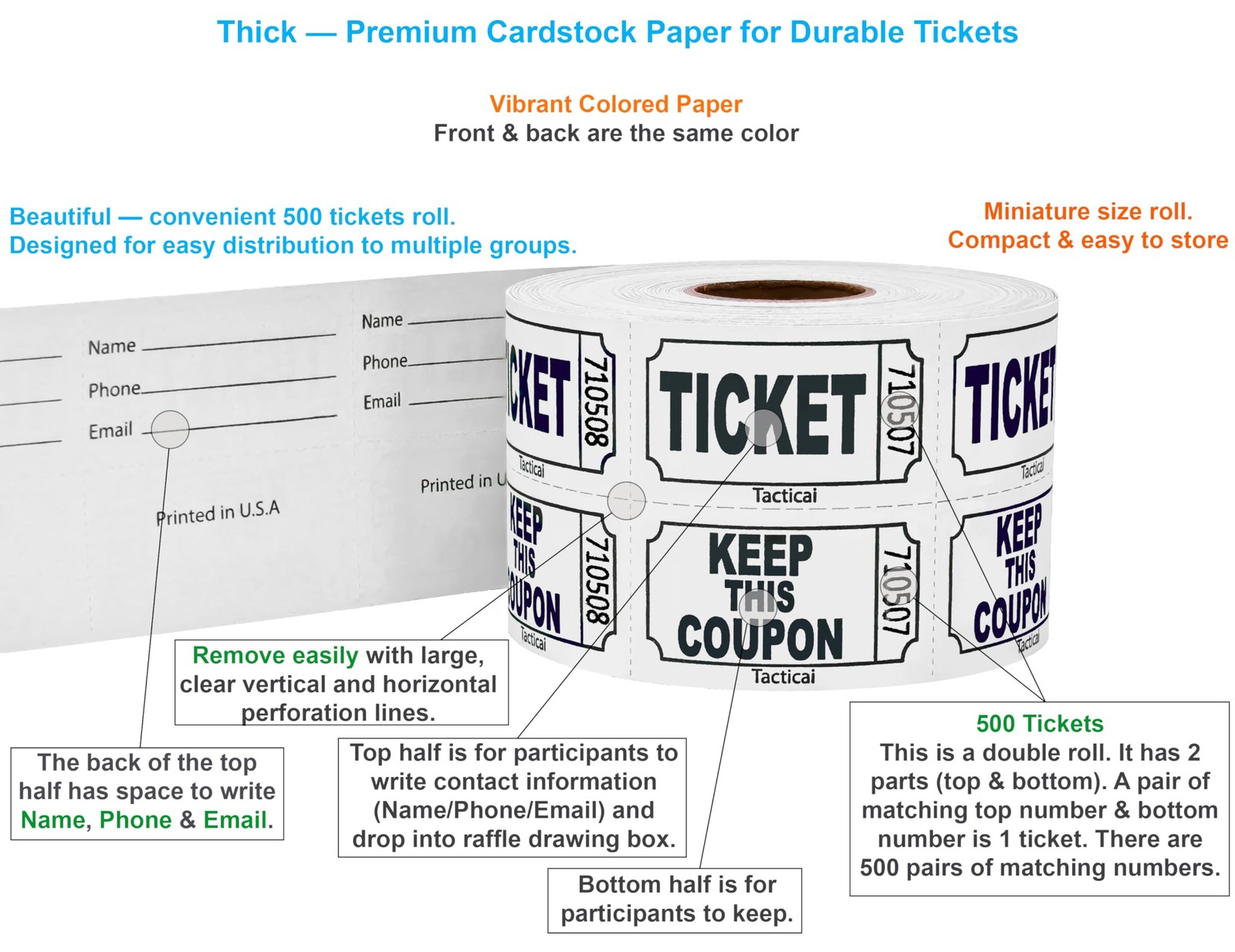 500 Raffle Tickets White Double Roll Events Entry Class Reward Fundraiser Prize