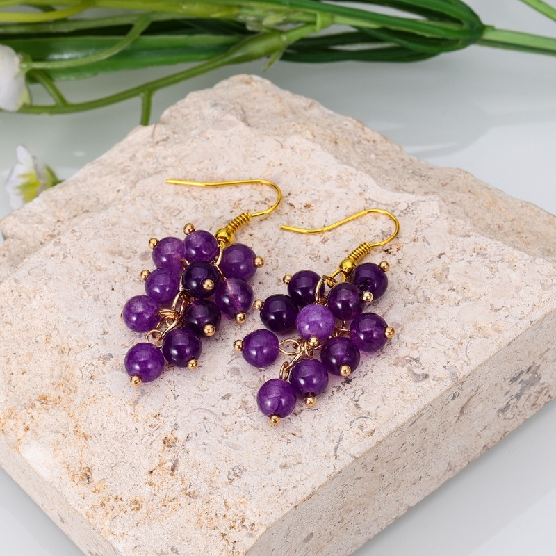 Natural Round Gems Beads Grape Eardrop Earhook Earrings Gift For Women Birthday