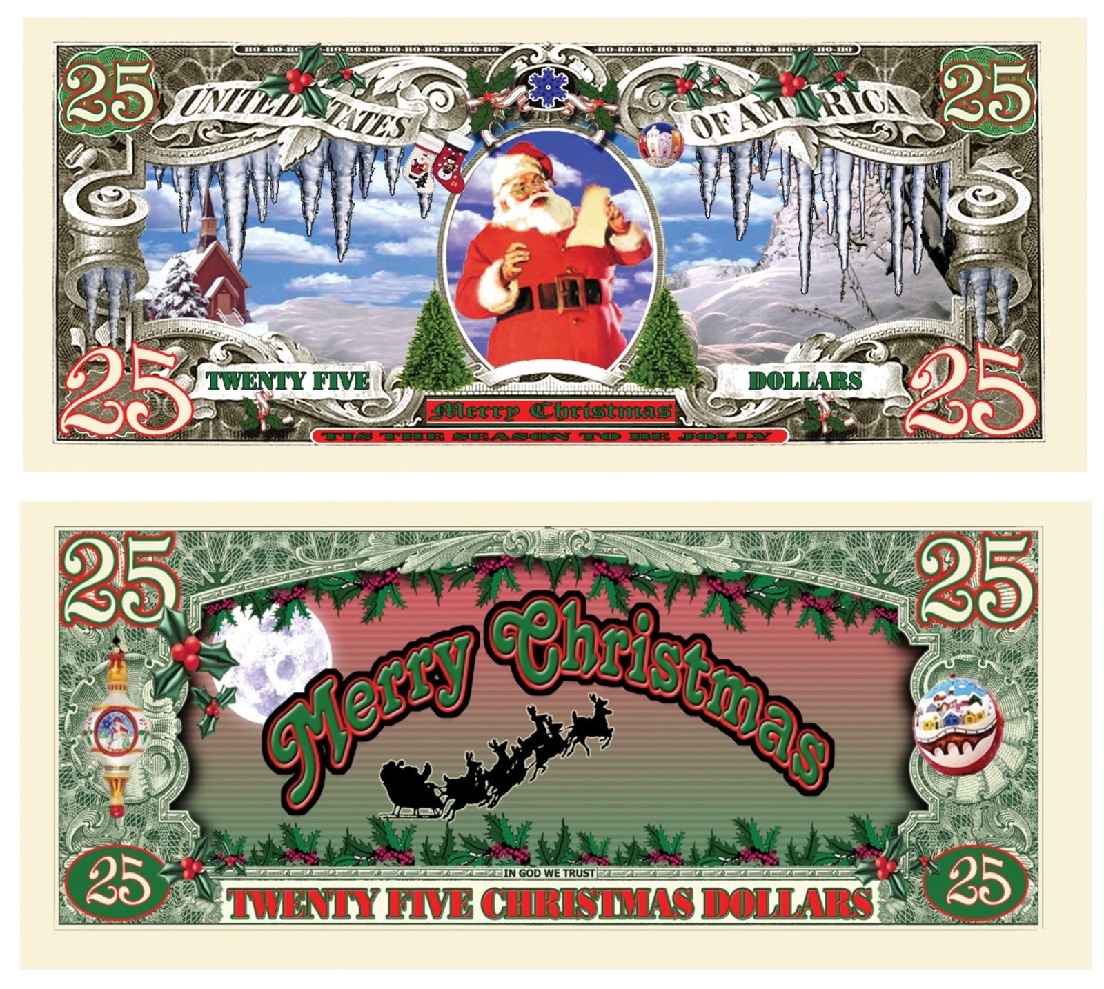 1000 TOTAL – Santa Claus Merry Christmas $25 Dollar Novelty Money Gift Bills