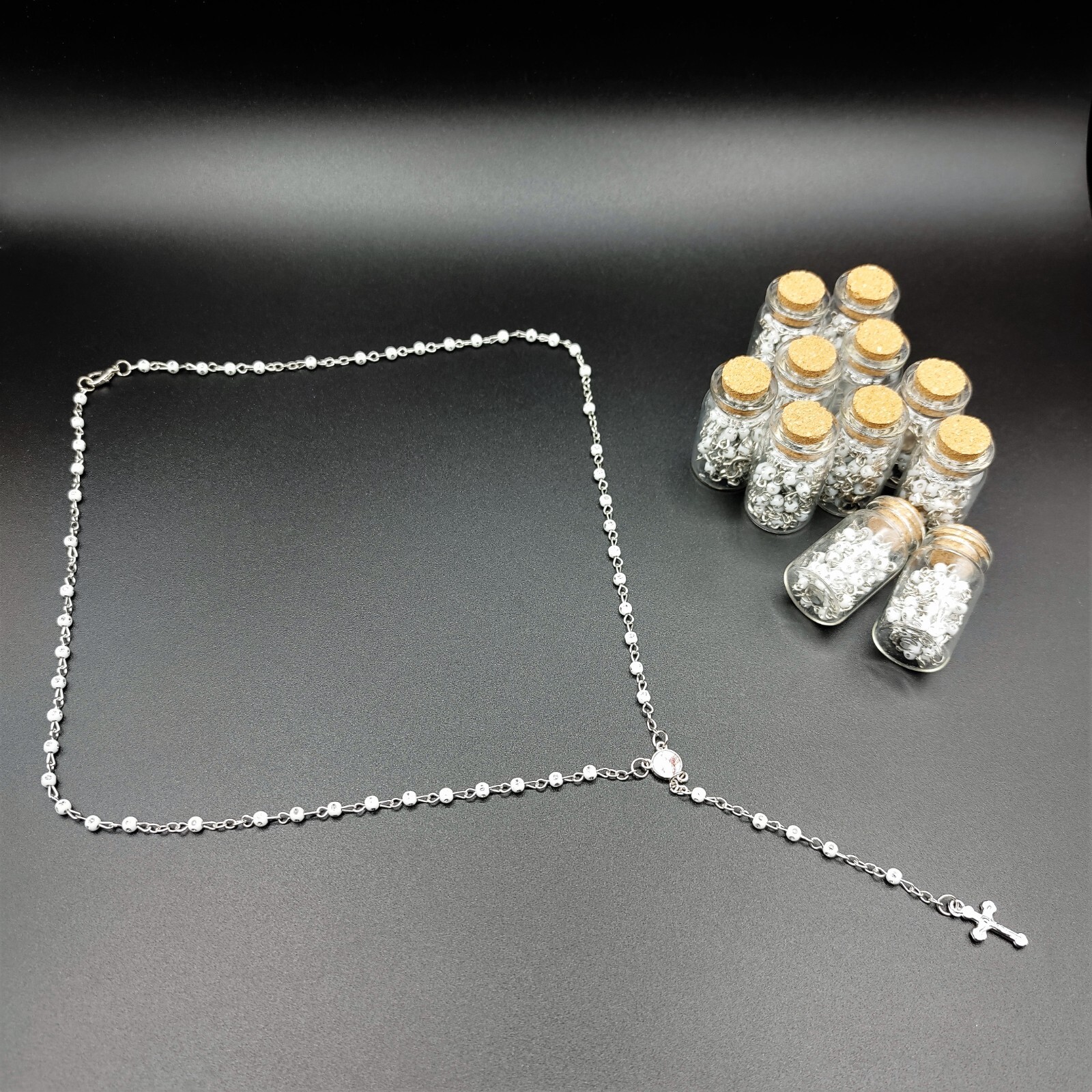 US 4/12pcs White Bead Rosary Necklace in Wishing Bottle w Organza Bag Christian