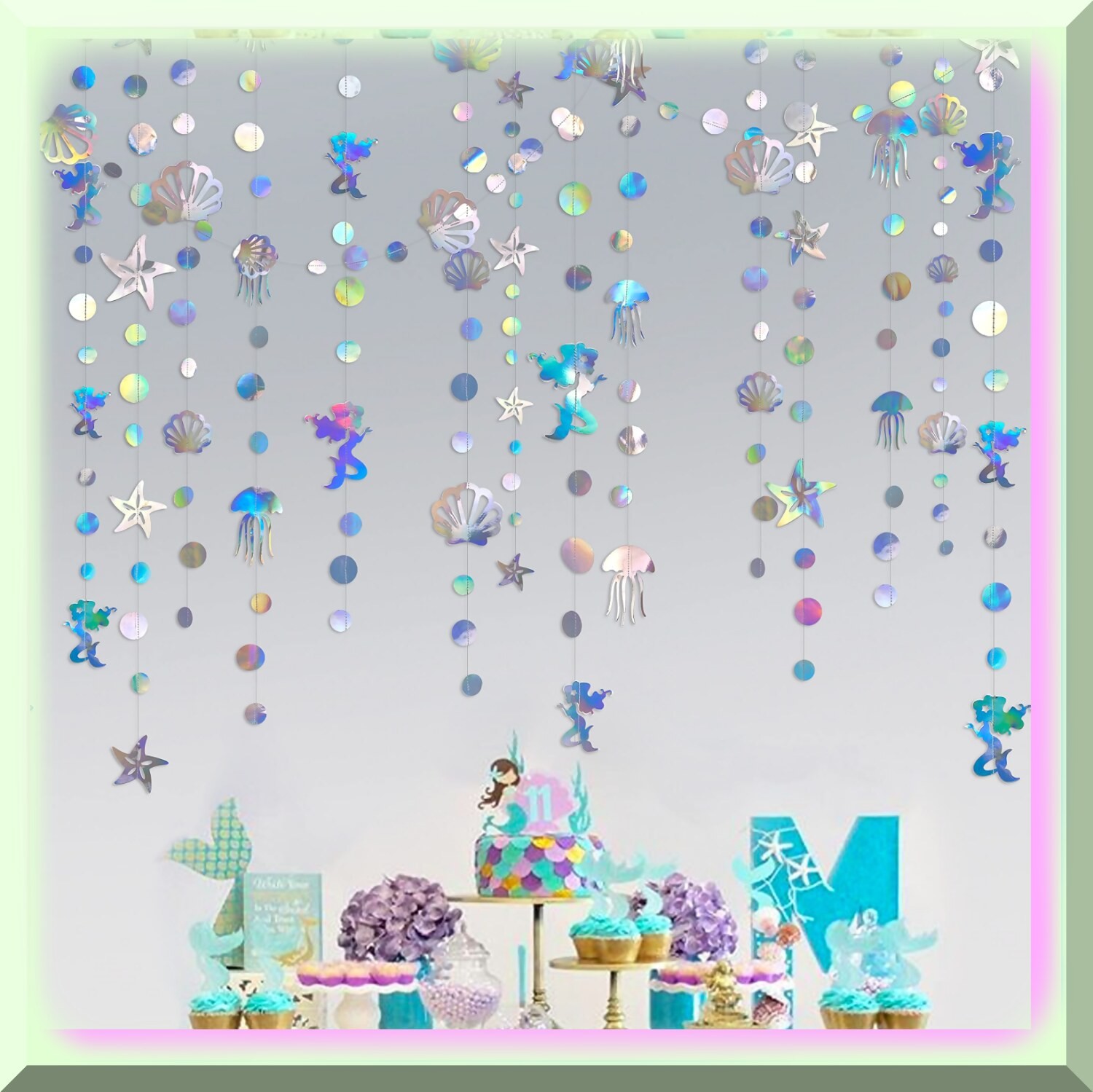 40 Ft Iridescent Mermaid Ocean Garland with Seashells and Jellyfish