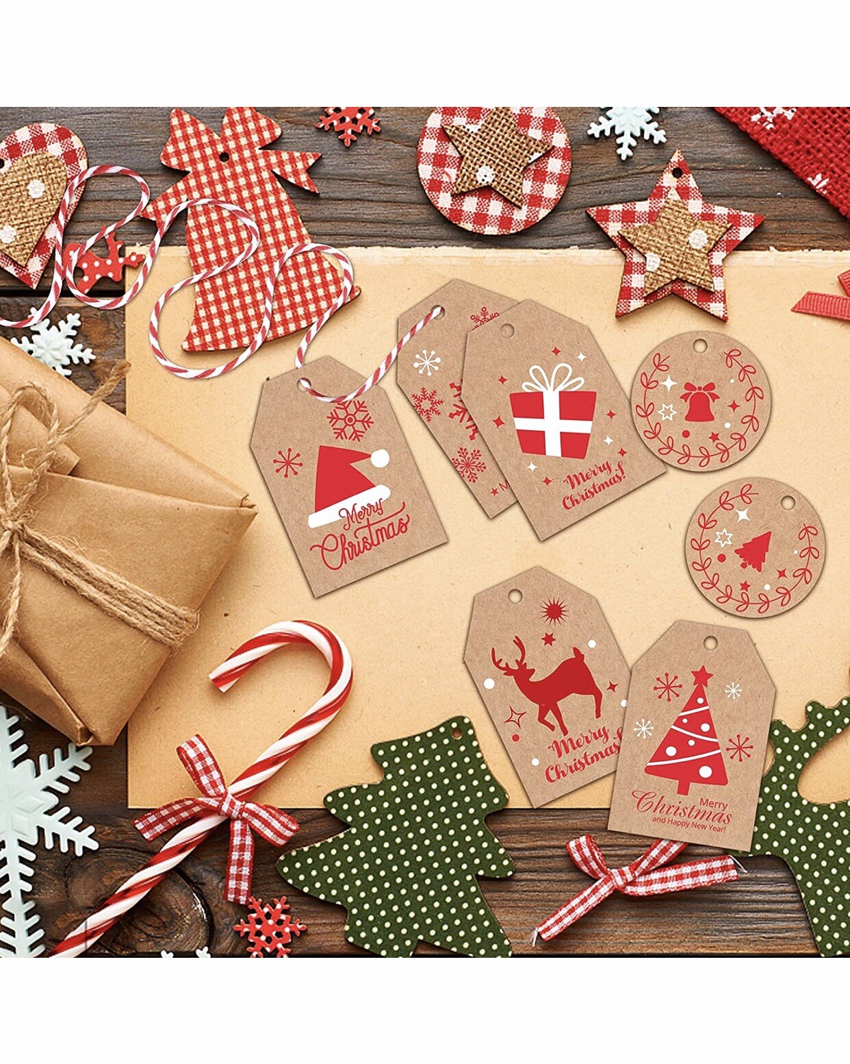 120Pcs Christmas Gifts Kraft Tags 32 Yards Jute String Attached Xmas Holiday