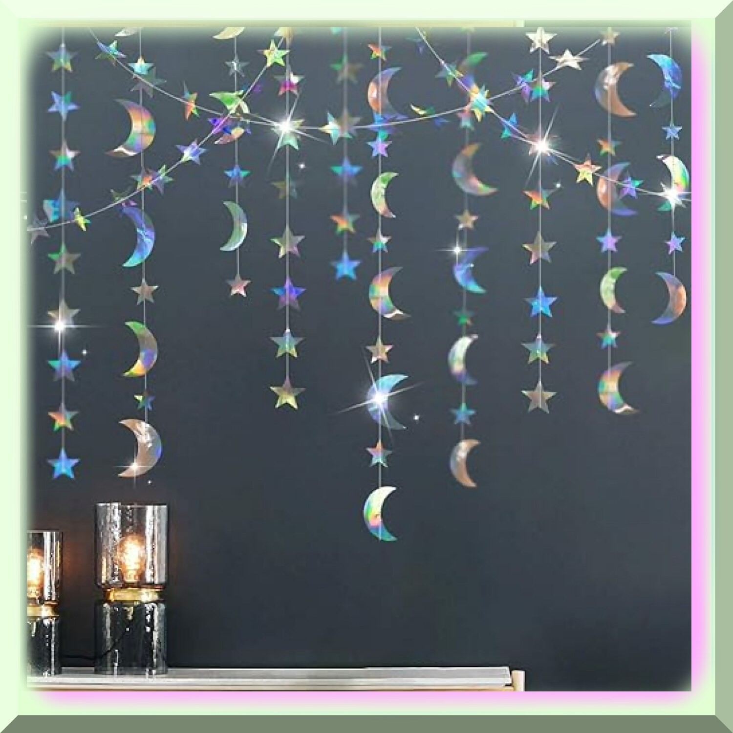 Iridescent Moon and Star Garland 52ft Decorations