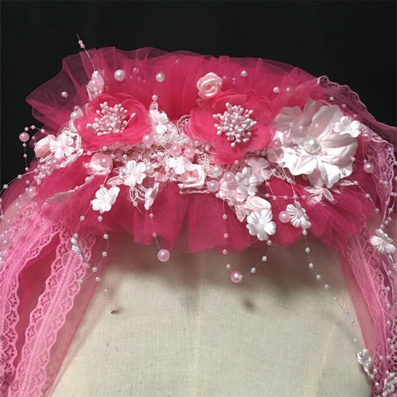 Girls Flower Wreath Headwear Tulle Veils Headband with Beads Tassel Embellished