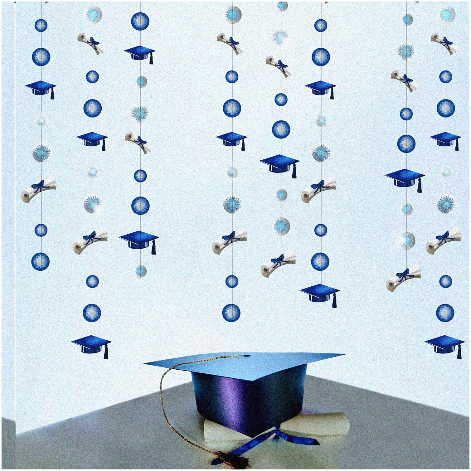 Blue Graduation Garland Set with Caps Diplomas and Fireworks