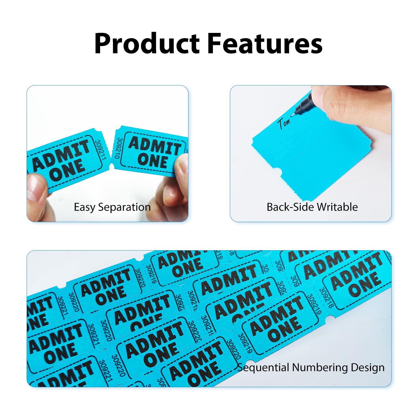 Admit One Raffle Tickets Single Roll Blue Consecutively Numbered 2200 Count