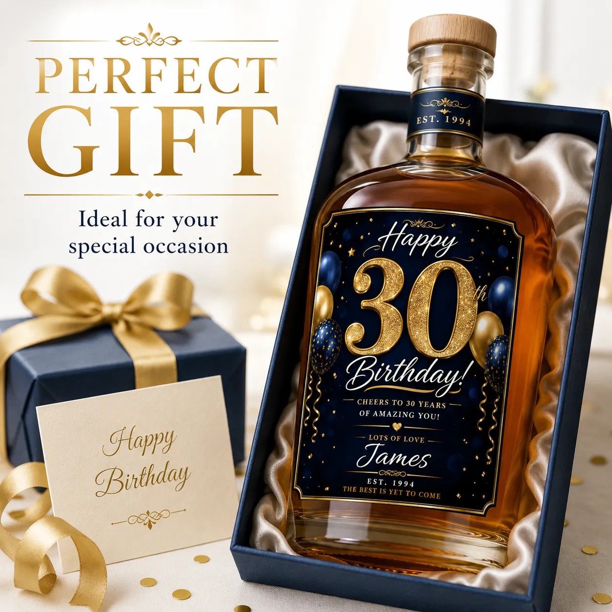 Personalised 30th Birthday Bottle Label Sticker Custom Wine Gift Blue Gold