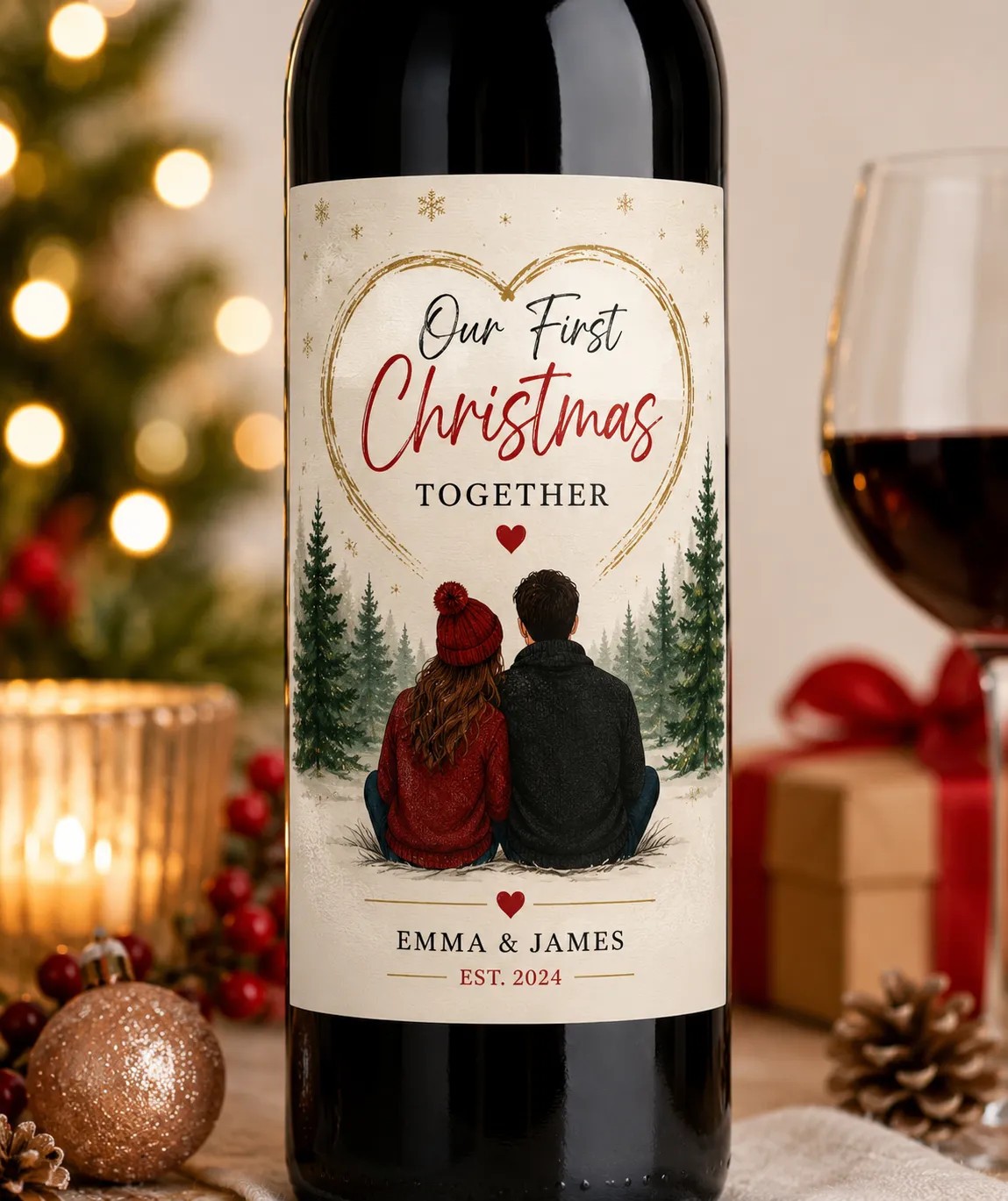 Personalised First Christmas Together Bottle Label Sticker Custom Wine Gift