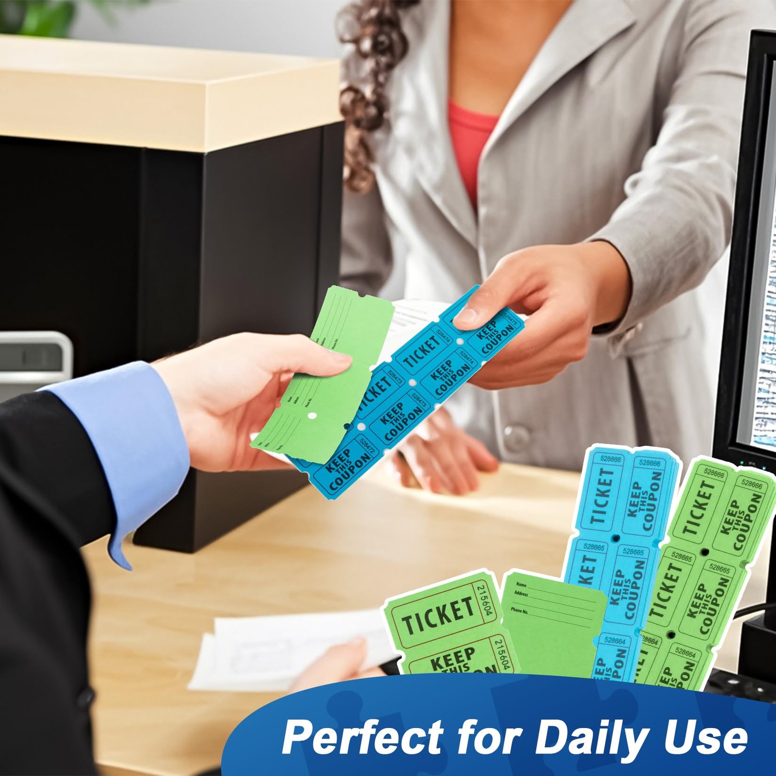 800 PCS Raffle Tickets Roll 50/50 Double Perforated Green Blue Consecutive