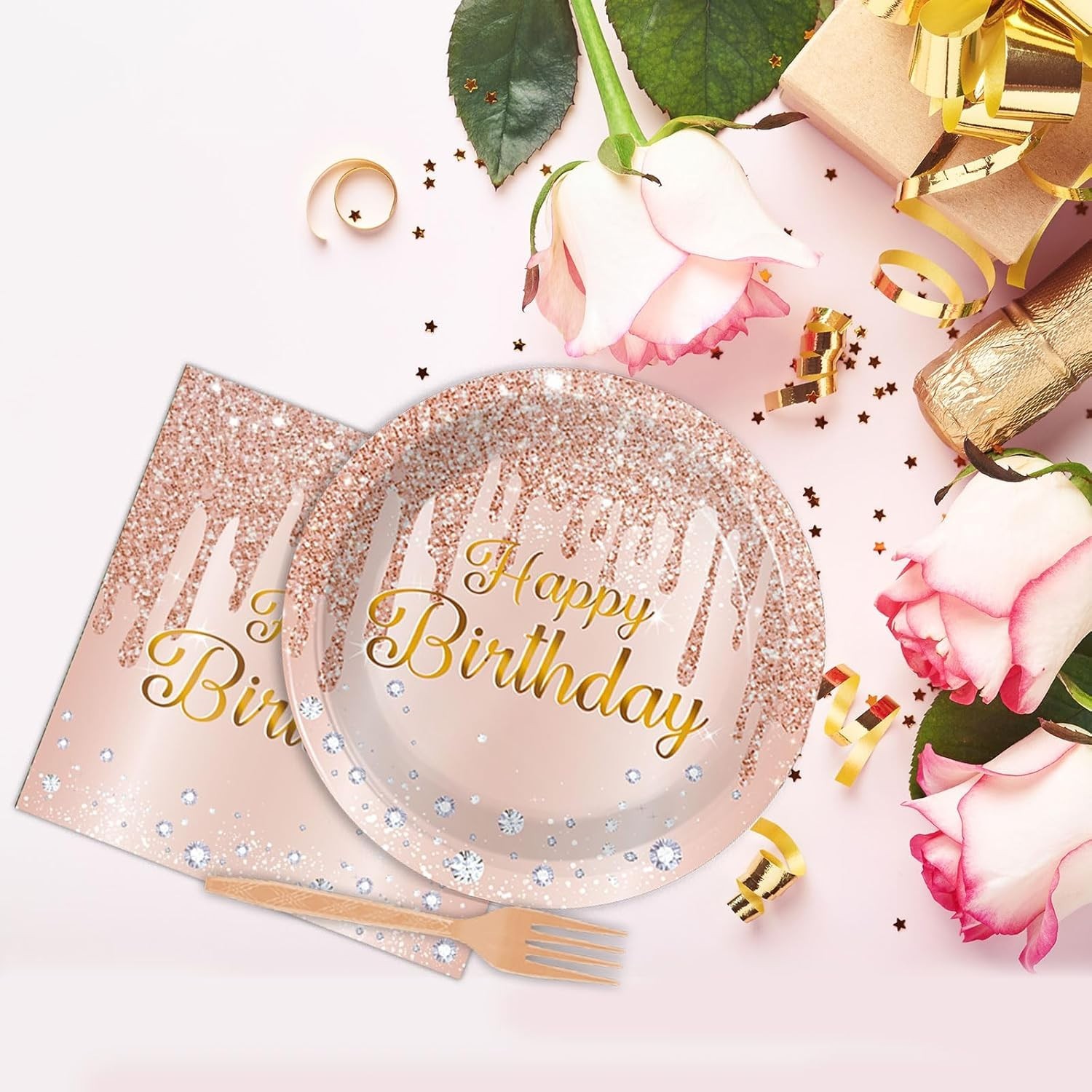 Comprehensive 96-Piece Pink Rose Gold Party Supplies Set – Perfect for Birthdays