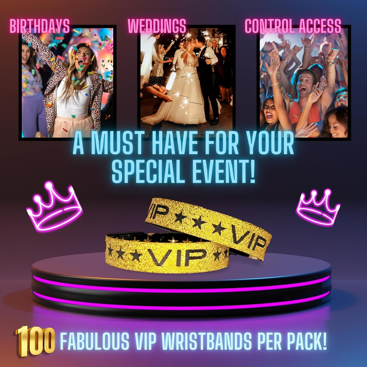 100 Pack Glitter Gold VIP Party Wristbands with Secure Locking Clip. Must Have A