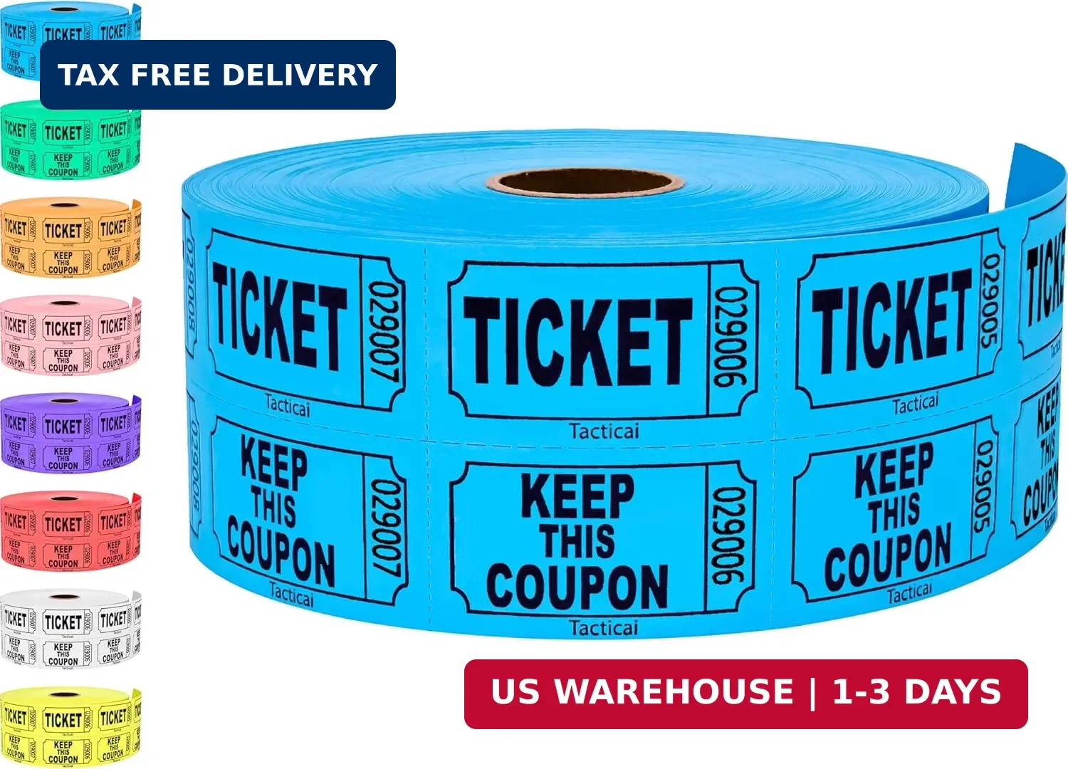 1000 Raffle Tickets, Blue (1 of 8 Colors), Double Roll, Ticket for Even