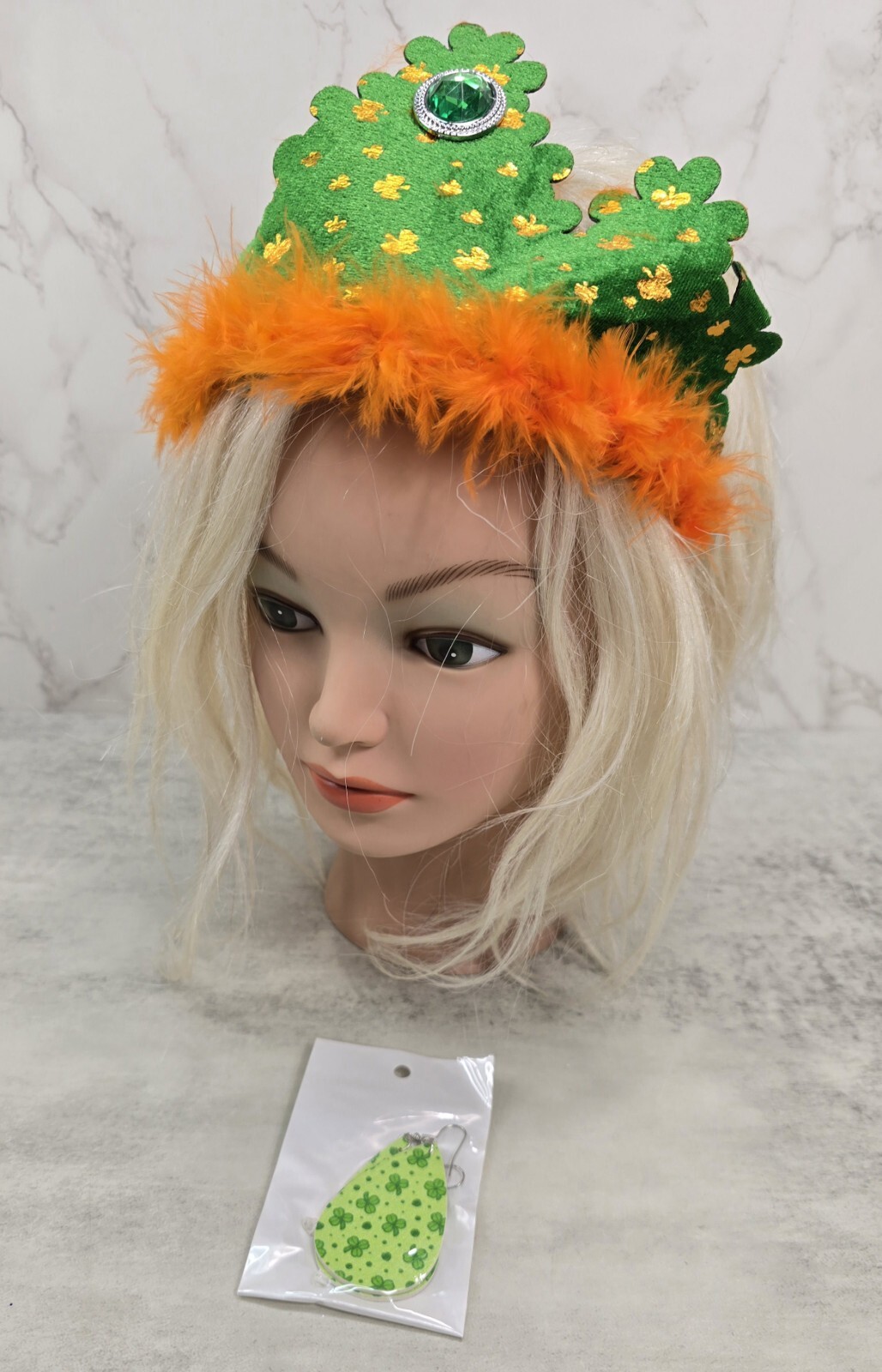 St Patricks Day Green Orange Felt Crown Hat Headband Earrings Set Party Dress Up