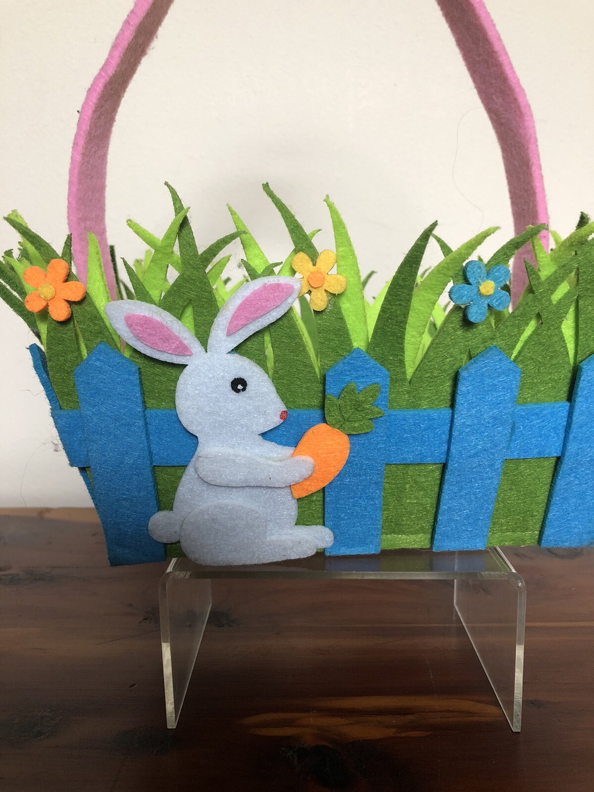 Easter Basket Soft Fabric Felt Bright Colors Bunny Grass & Flowers Decor Bucket