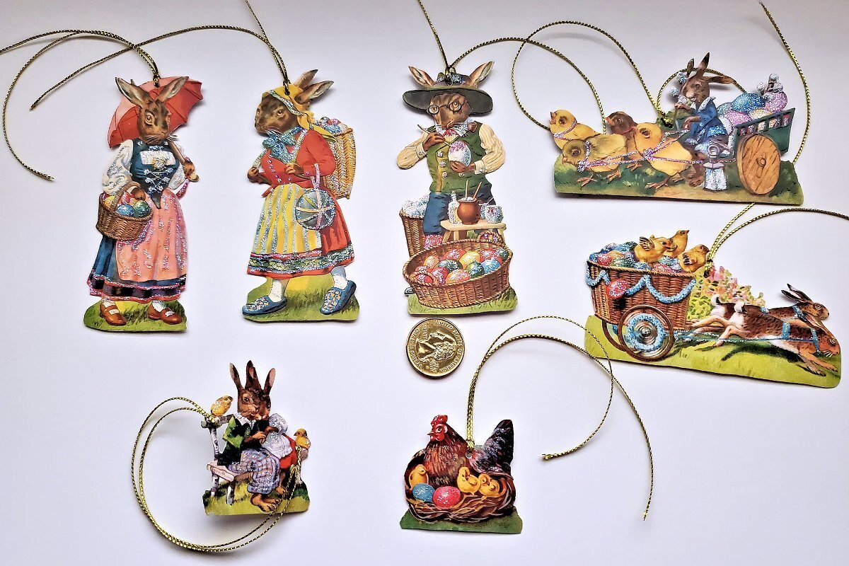 7~Easter~Victorian~Fussy Cut~Embossed~Scraps~Bunnies~Rooster~Gift Tag~Ornaments