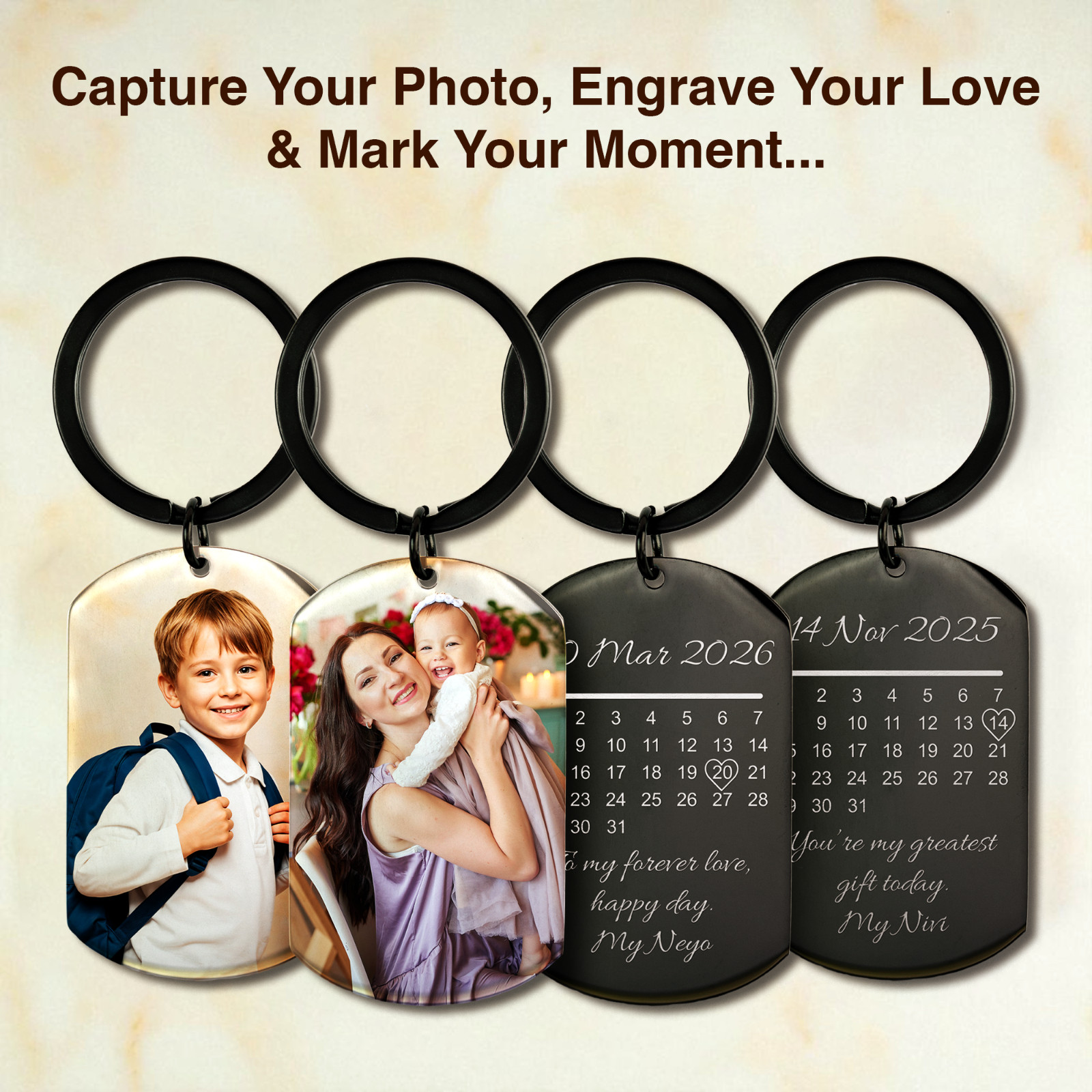Personalised Photo & Date Keyring, Custom Calendar Keychain, Dad & Mom Gift