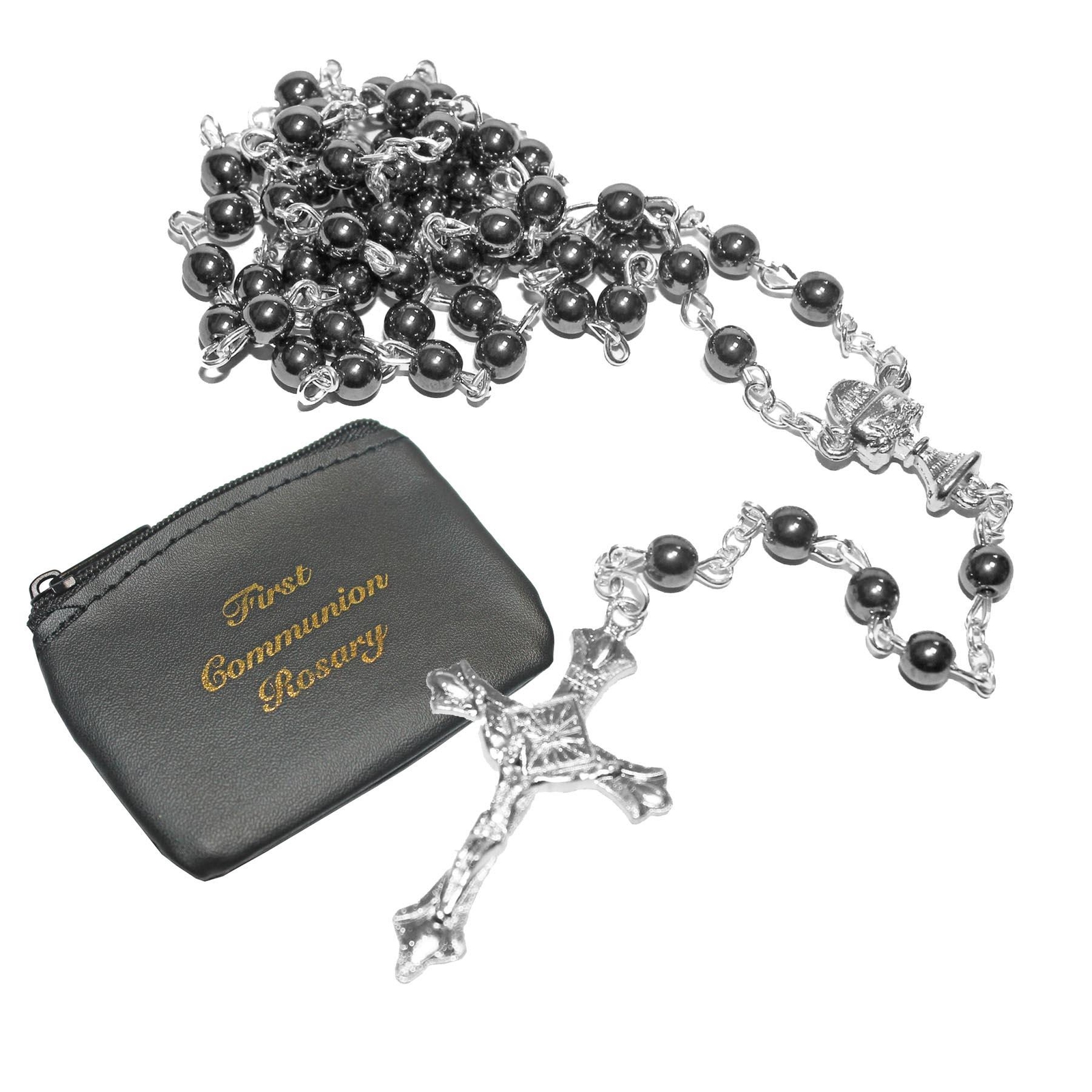 First Holy Communion Hematite Rosary Beads and Purse Gift Set
