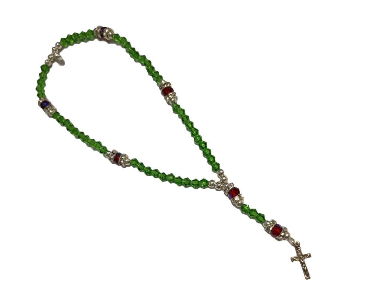 Green / Red Christmas Rosary Beads – Bracelet – With Cross