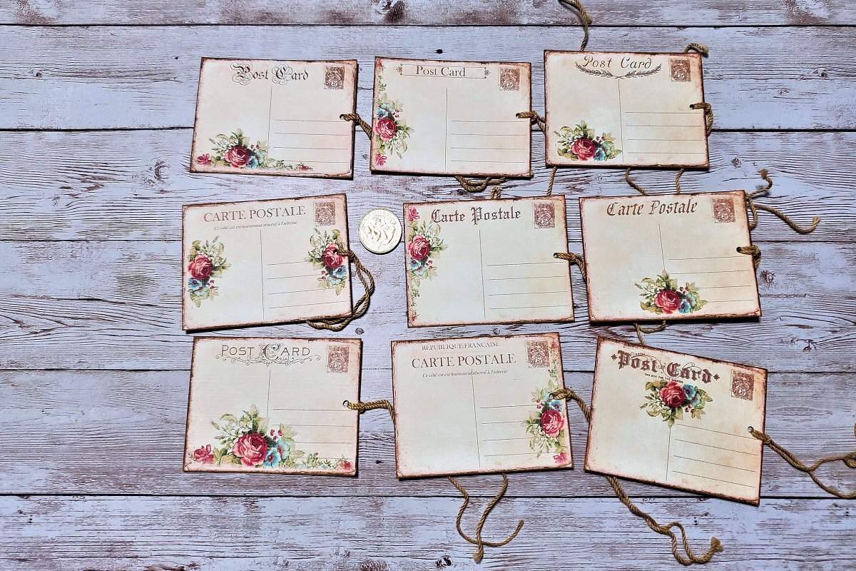 9~Vintage~Ephemera~Blank Postcards~Junk Journal~Linen Cardstock~Gift~Hang~Tags