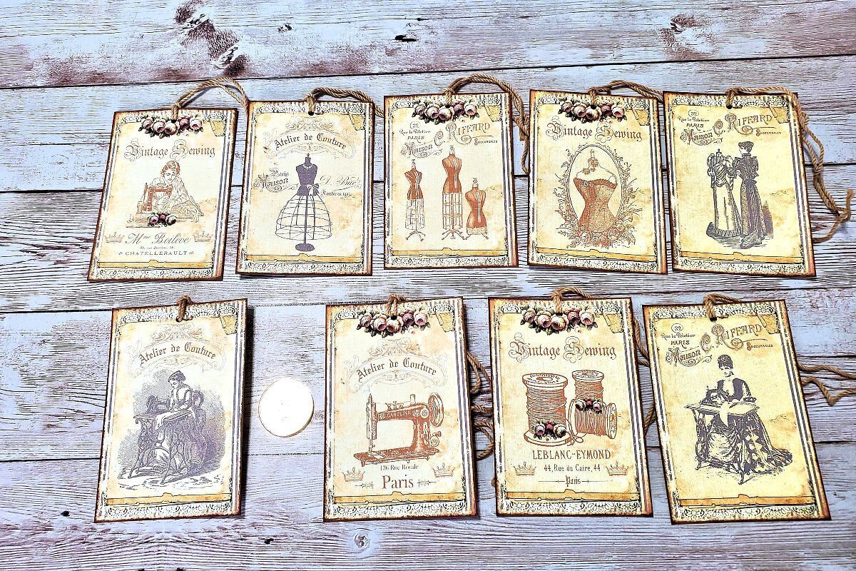 9~Vintage~Ephemera~Couture Sewing~Junk Journal~Linen Cardstock~Gift~Hang~Tags