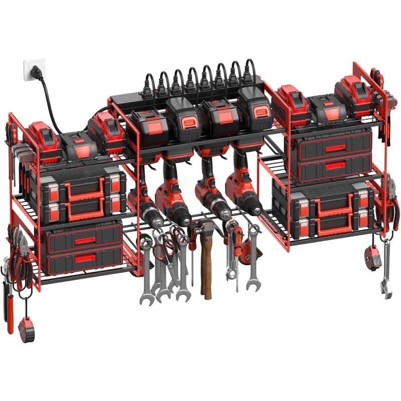 Red Power Tool Organizer Wall Mount, Large Tools and Battery Storage