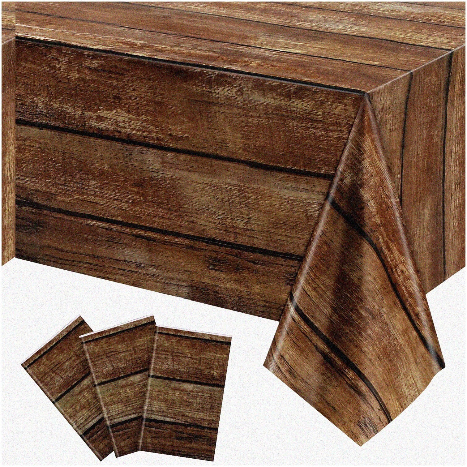 Rustic Wood Grain Waterproof Plastic Tablecloth Set