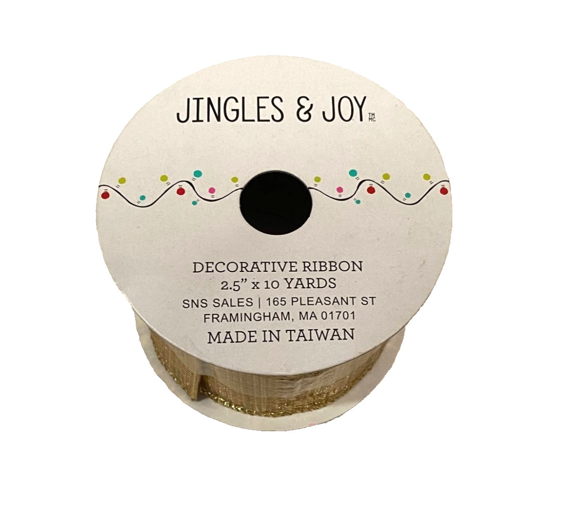 Jingles & Joy Christmas gold metallic 2.5″ x 10 yard wired decorative ribbon New
