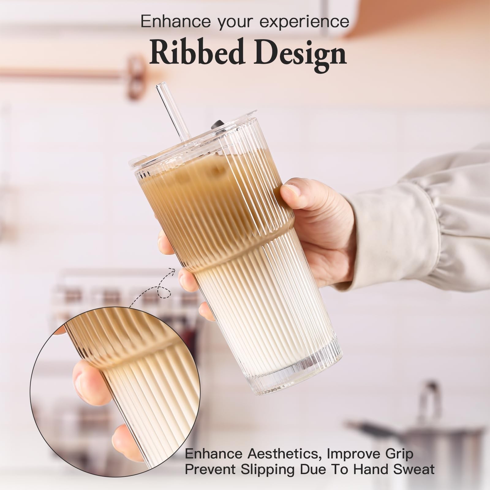 4PCS Ribbed Glass Cups with Lids and Straws, 20oz Vintage Drinking Glasses, A…