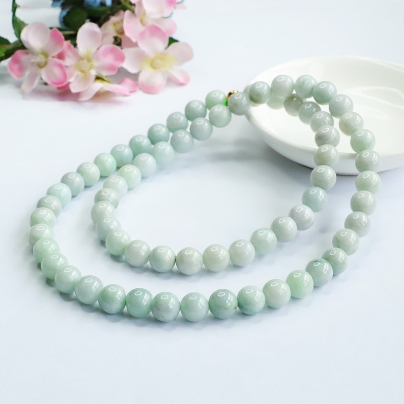 Natural Genuine Light Green A Jade Jadeite Round Beads Necklace 45cm
