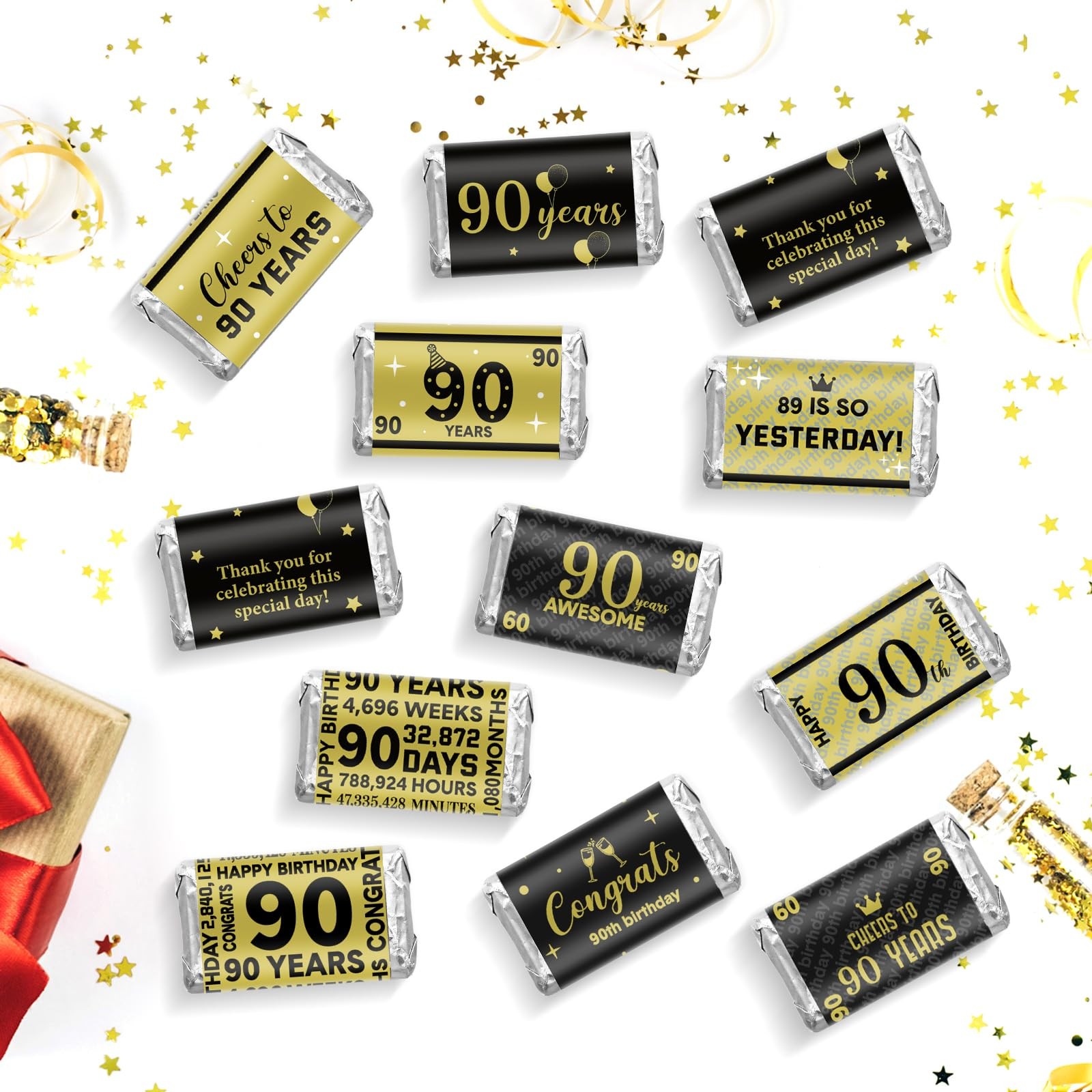 Tenare 90 Pcs 90th Birthday Party Favors Candy Wrappers Black and Gold