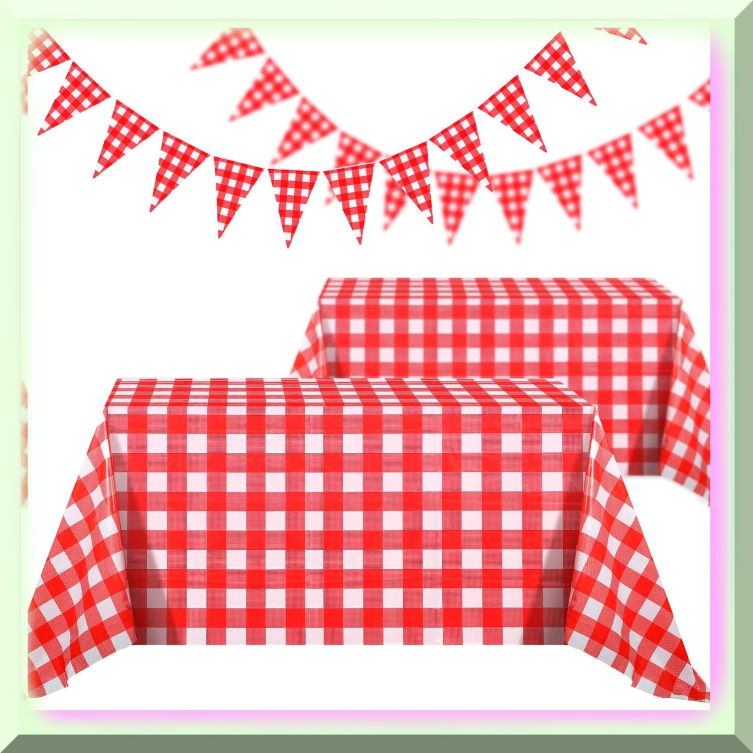 Red and White Checkered Tablecloth and Banner Set
