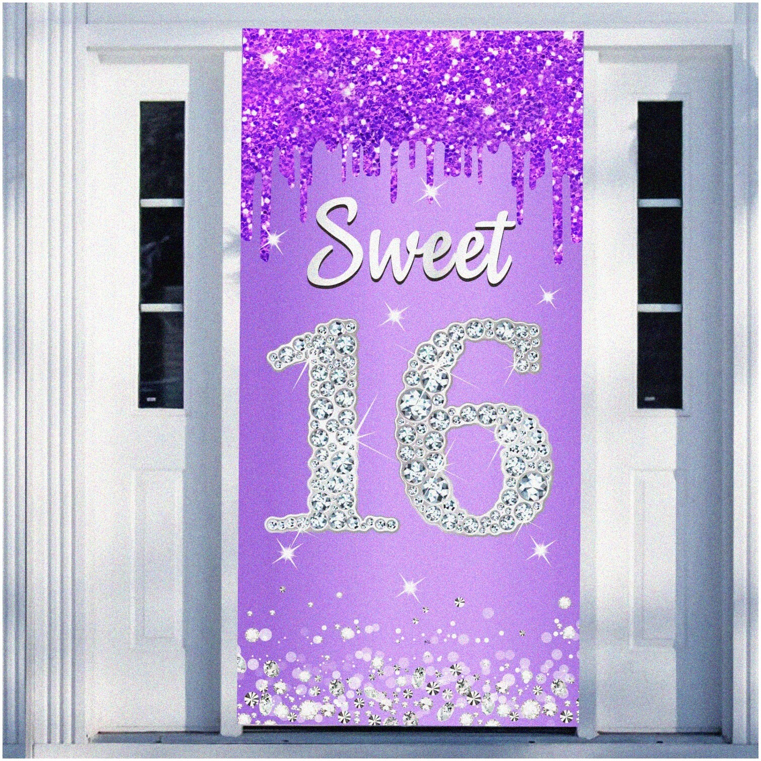 Sweet Sixteen Purple Silver Door Banner Polyester Indoor Outdoor