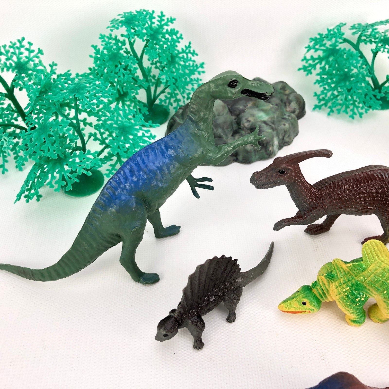 Lot 15 Cake Decoration Toys Dinosaur pterodactyl T Rex Long Neck Rocks Trees Set