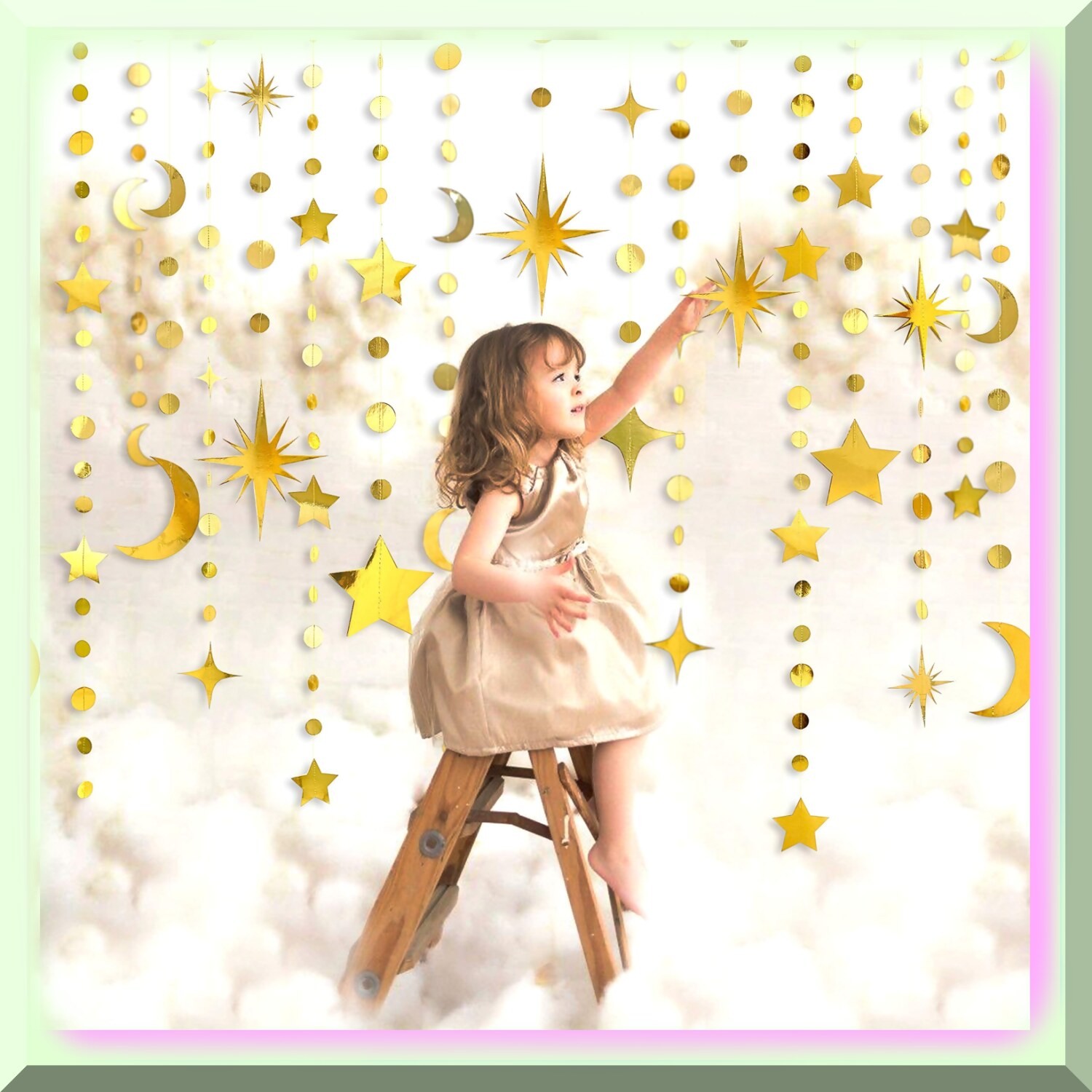 Golden Crescent Moon and Star Garland Set